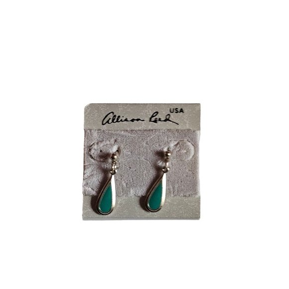 Vintage ALLISON REED Blue Green Tear Drop Dangle Silver Tone PIERCED EARRINGS - Picture 2 of 7